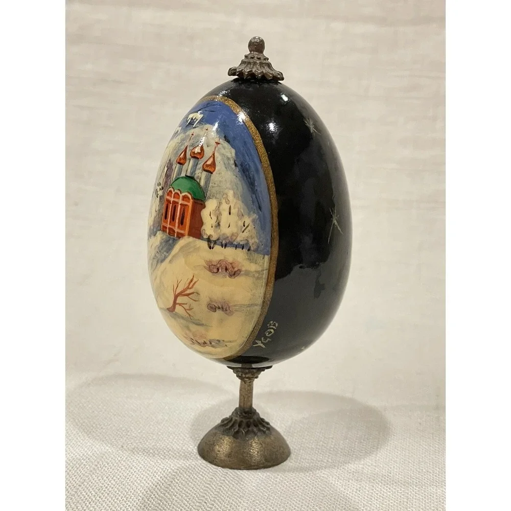 Vintage Russian Hand Painted Lacquer Egg Winter Orthodox Church‎ Signed Usov
